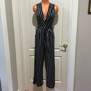 MONTEAU Black White Striped Surplice Jumpsuit S Small $75 EUC